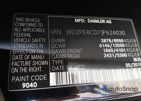 2018 Mercedes-Benz Sprinter 2500 High Roof V6 z USA, uszkodzony, nr VIN WDZPE8CD7JP624030